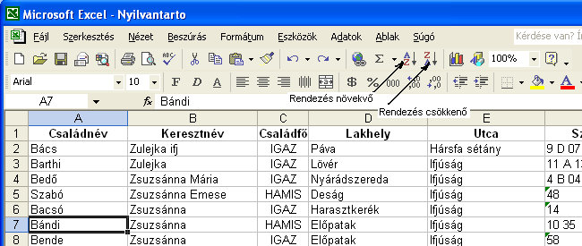 Excel 2003: hol, mikor és hogyan használjuk a programot valamelyik cellájára, majd meg kell nyomni a rendezési ikonok egyikét: vagy. Az alábbi példában a rendezést a Családnév alapján fogja elvégezni.