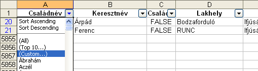 Rendezés, szűrés A listán gördítősáv segítségével keresheti ki a kívánt elemet, amire rákattintva az Excel kigyűjti azokat a sorokat, amelynek az adott oszlopában a kijelölt elem előfordul.