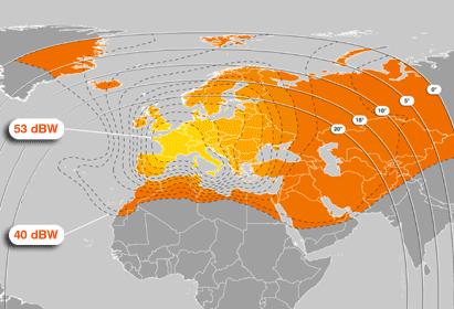 Az EUTELSAT HOTBIRDTM 6 műhold lábnyomtérképe: A HOTBIRD 6 műholdat 2002. augusztus 21-én állították föld körüli pályára.