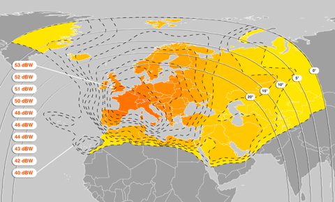 33 MHz Az EUTELSAT HOTBIRDTM 8 műhold lábnyomtérképe A HOTBIRD 8 műholdat 2006. augusztus 5-én állították föld körüli pályára.