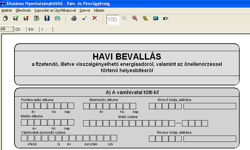 Bevallás A) része az AB lap fülön: A bevallás A) részéhez tartozó rovatokat az illetékes Regionális Ellenırzési Központ tölti ki!