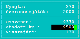 12.2. ábra Az <F10> billentyű után a bizonylat nyomtatásra kerül és a monitoron megjelenik a visszajáró ablak, melyen a fizetendő, a fizetett és a visszajáró összeg látható. (13. ábra) 13. ábra