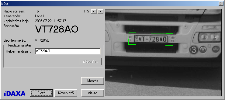 DIALÓGUS: KÉP IDAXA CONDOR DIALÓGUSOK Az Idaxa rendszer ebben az ablakban jeleníti meg a rendszámfelismeréskor tárolt képeket.