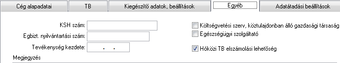 KSH szám, Egbizt. nyilvántartási szám, Tevékenység kezdete, Megjegyzés. E mezők kitöltése nem kötelező, csupán nyilvántartási célt szolgál, ha bármilyen okból szükség lehet ezekre az adatokra.