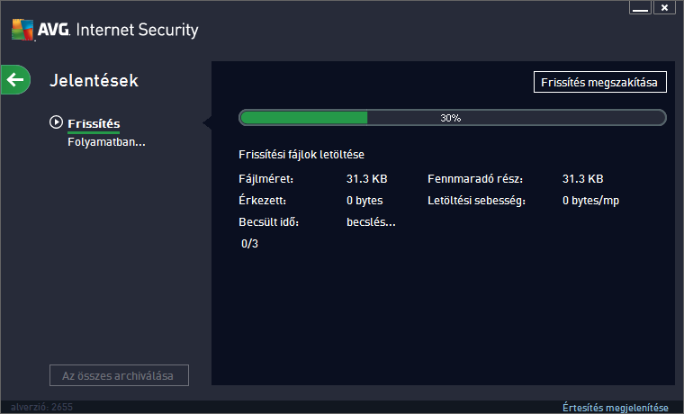 14.3. Frissítési szintek Az AVG Internet Security 2013 kétféle frissítési szintet kínál: Az adatbázisfrissítés a vírusok, levélszemetek és rosszindulatú programok elleni megbízható védelemhez