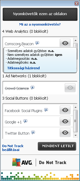 Megj egyzés: Attól függően, hogy a webhely hátterében milyen szolgáltatások futnak, előfordulhat, hogy nem j elenik meg az előző három rész mindegyike az AVG Do Not Track párbeszédpanelen.