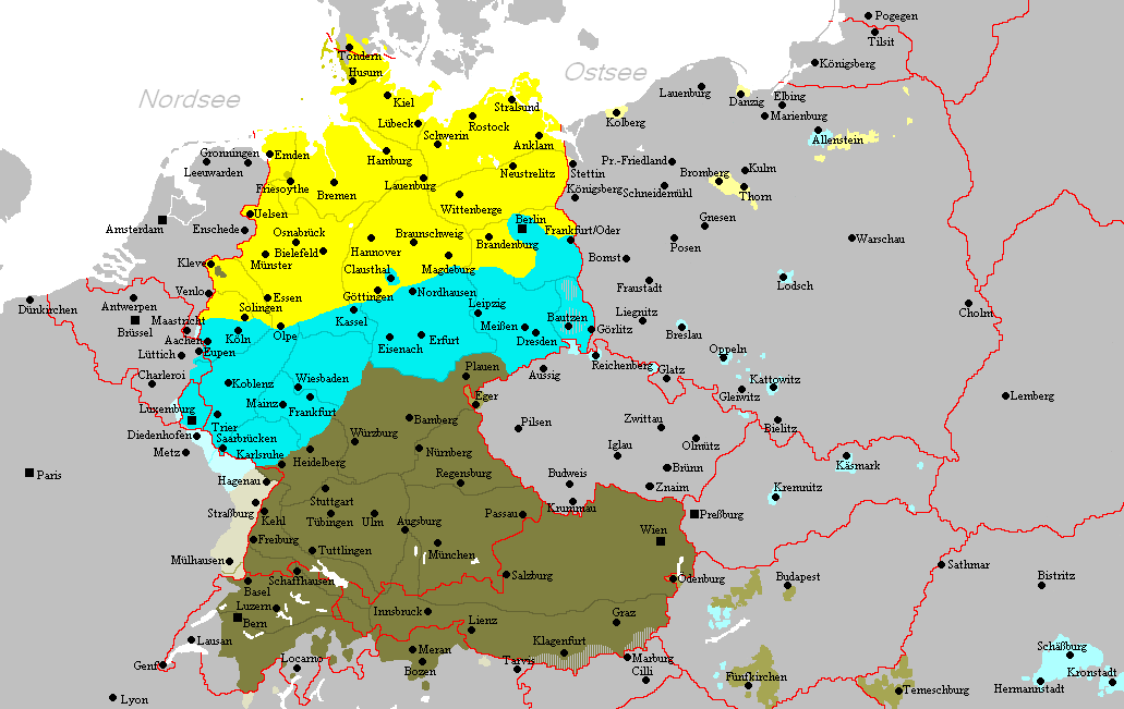 1. ábra: Az északnémet, a középnémet és a délnémet nyelvjárások Európában Északnémet (alnémet) nyelvjárások Középnémet nyelvjárások Délnémet (felnémet) nyelvjárások Forrás: wikipedia.org 2.2.1. Északnémet (alnémet) nyelvjárások északi-alsószász nyelvjárás Az északnémet nyelvjárások csoportjába sorolható.