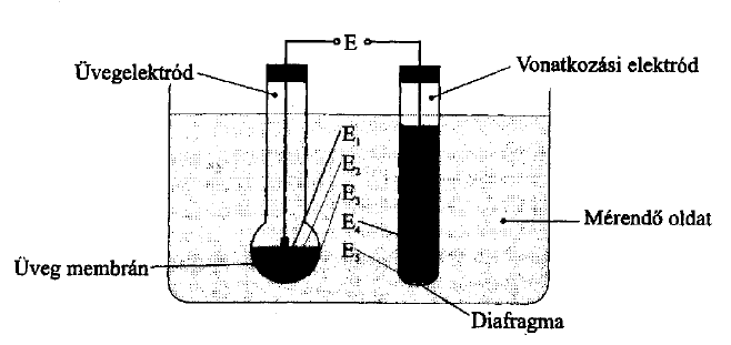 Összességében egy galváncella feszültségét mérik. (A galváncella részletes leírása olvasható Bodnár Ildikó Kémiai analitika III. c. elıadásjegyzetében a pp.174-184.).