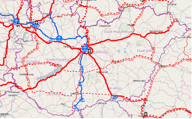 1-3. ábra TEN-T vasúti hálózati elemek és vízi közlekedési csomópontok Magyarországon (Forrás: European Commission, http://ec.europa.eu/transport/infrastructure/tentec/tentecportal/site/en/maps.