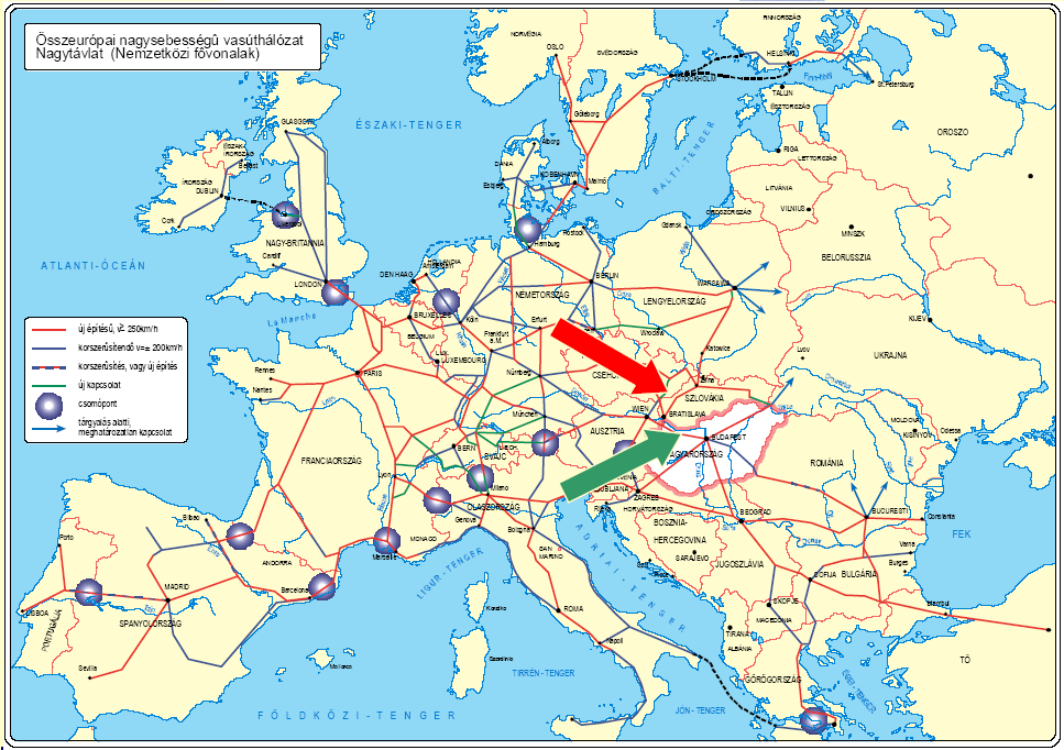 ÖSSZEURÓPAI NAGYSEBESSÉGŰ VASÚTHÁLÓZAT JELMAGYARÁZAT ÚJÉPÍTÉSŰ, V = 250 km/h, KORSZERŰSÍTENDŐ, V = 200 km/,