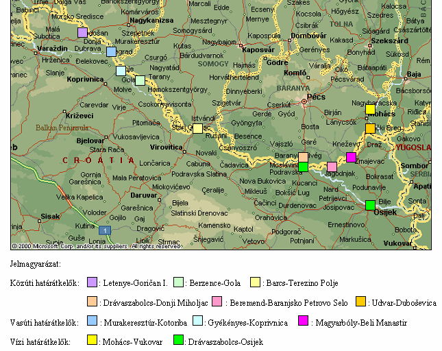 12. térkép: Átkelők a horvát-magyar határszakaszon 42 A CROST projekt által lefedett terület határt átlépő személy- és járműforgalmi adatai alapján elmondható, 2000-től jelentős visszaesés jellemzi