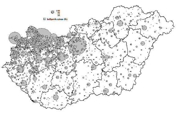 13. ábra: A SZE és az NYME vonzáskörzete (2010) Forrás: Tamándl L. 2011. (Szerkesztette: Tamándl L. és Smahó M.) 3.2.9.