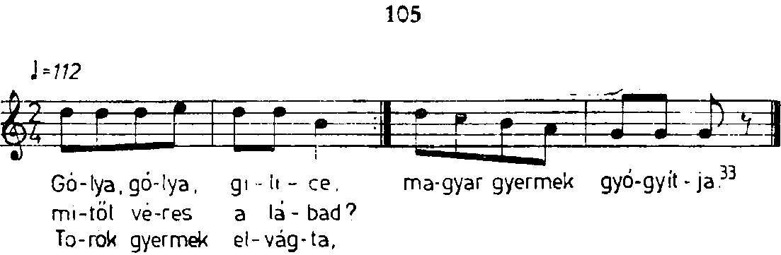 104 Mikor tavasszal megérkezik, a gyermek egy lábra állva mondja: Gólyát látok, Egy lábon állok. Aki nem áll egy lábon, Szamár lesz a nyáron. 106 Gólya, gólya, gilice, Mitől véres a lábad?