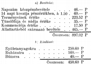 24 Évi tiszta jövedelme tehát 446.42 Ρ, úgyhogy ebből ha minden jövedelmét pénzzé tenné is még napi 1.40 pengő sem jutna a sajátmaga és családja és állatai eltartására.