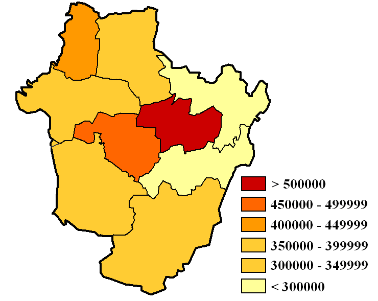 Egy lakosra jutó SZJA-alapot képező jövedelem (2006/2007, Ft) Forrás: TEIR, KSH 5 Rendszeres szociális segélyben részesülők adatai (2008) Egy lakosra jutó kifizetett rendszeres szociális segély (Ft)