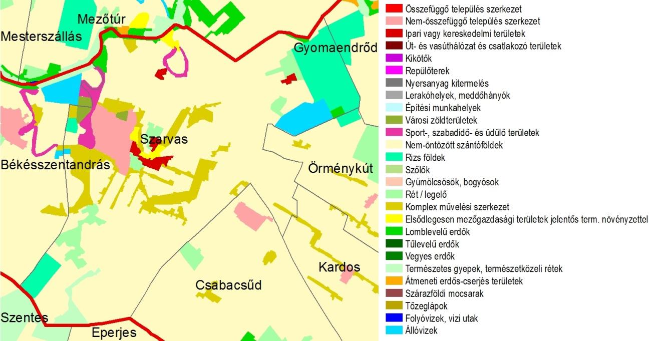 HELYZETFELTÁRÓ- HELYZETELEMZŐ - HELYZETÉRTÉKELŐ MUNKARÉSZEK 120 28. térkép: Település és környékének tájhasználati térképe Forrás: Corine 1.12.3 Védett, védendő táji és természeti értékek, területek 1.