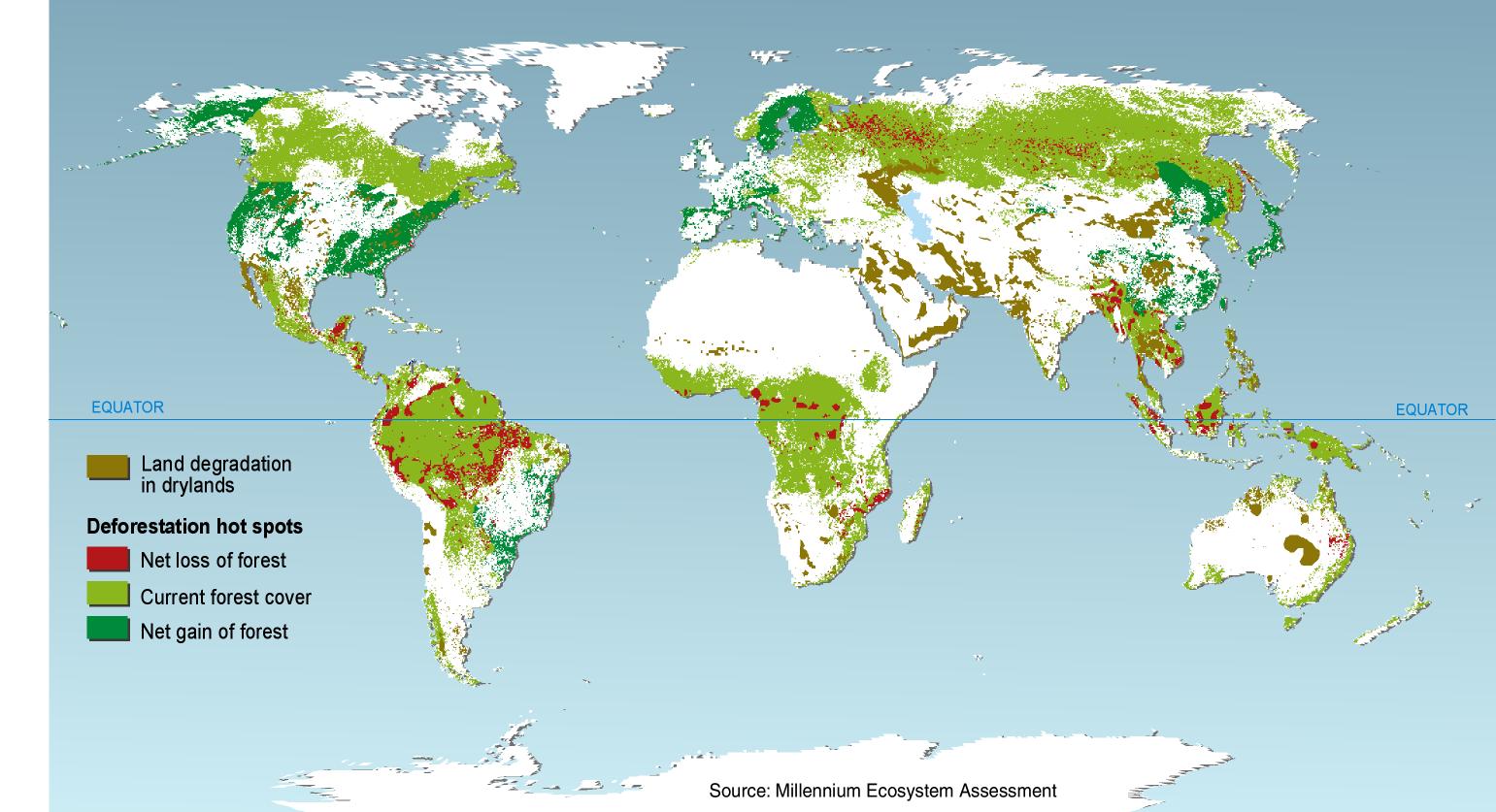 4-1. ábra: Az erdőirtás fő gócpontjai (bordó szín) és az erdőterület növekmény fő területei (sötétzöld szín) 10 Az erdőállomány nagyon fontos szerepet tölt be a Föld széndioxidforgalmában.