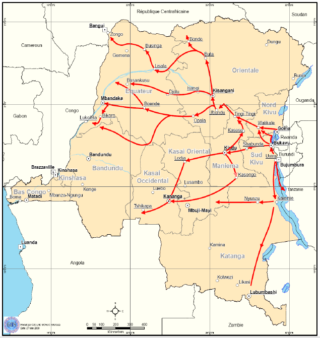 7. ábra A menekülttáborokból szétkergetett menekültek útvonala (DRC) Forrás: DRC: Mapping Human Rights Violations 1993-2003, 79.old.