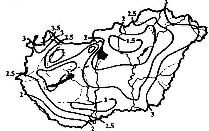 (1. ábra). A felhasznált mérıeszközökrıl, az adatok eredetérıl kevés információ áll rendelkezésre. 1.ábra. A szélerısség (m/s) évi középértékeinek területi eloszlása 1901-30 adatok alapján.