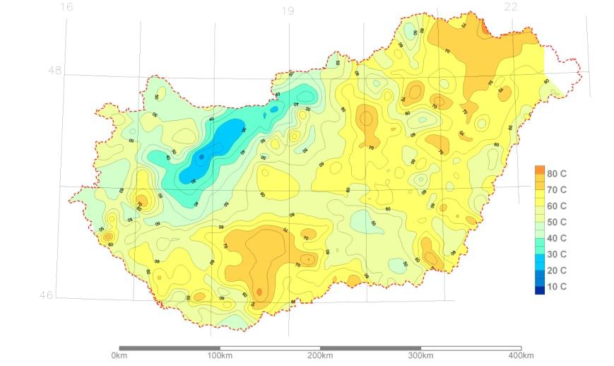 Magyarország geotermikus adottságai Magas geotermikus gradiens: 40-50 C/km Magas hőáramsűrűség: 80-100 mw/m2 Vízzel telített törmelékes üledékek illetve karsztosodott, repedezett karbonátos kőzetek A