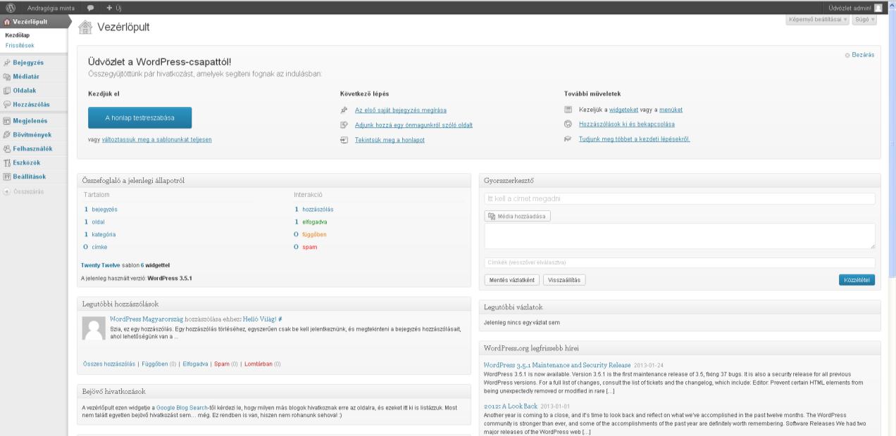 A bejelentkezés után a WordPress vezérlőpultjába lépünk be, amely segítségével az oldalunk testreszabható, szerkeszthető és bővíthető (új oldalak és bejegyzések létrehozása,