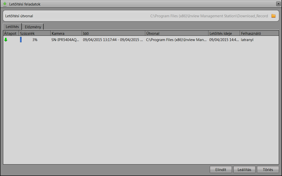 Hálózati rögzítő használata IMS Szoftverrel Letöltéskezelő A letöltés feladatok a fő ablak jobb tetején található zöld lefele nyílra kattintva lehet elérni.