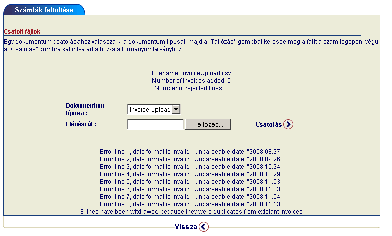 A megnyíló új párbeszédablakban keresse meg az előzőekben lementett, számlaadatokat tartalmazó fájlt, majd a < Tallózás> és < Csatolás> gomb segítségével rögzítse azt.