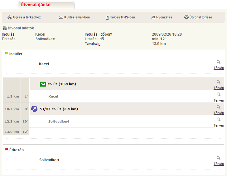 Keressünk : Kecel > Soltvadkert A térkép alatt a keresett útvonal részletei listázva láthatóak.
