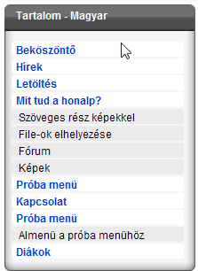 Tartalmak szerkesztése Szöveges oldal szerkesztése Szöveges oldal tartalmának szerkesztéséhez kattintsunk a publikus oldal menüszerkezetét megjelenítő Tartalom - Magyar panelen a kívánt menüpont