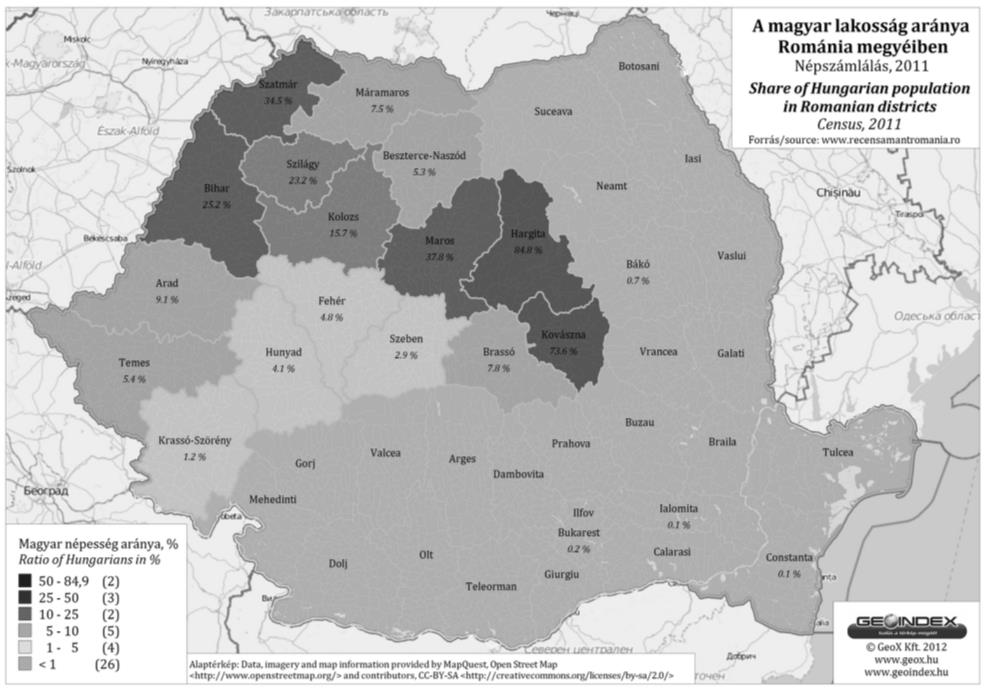 Nemzeti kisebbség és autonómia kérdés a Kárpát-medencében ~ 55 4. térkép. A magyar lakosság aránya Románia megyéiben 2011. Forrás: www.recensamantromanania.