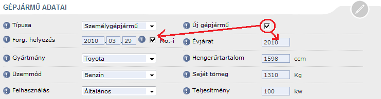 - Tulajdonos adatai:az üzemben tartó és a szerződő személyének eltérése esetén jelenik meg az alábbi blokk - Gépjármű adatai: A gépjármű adatainak kitöltésekor az Új gépjármű