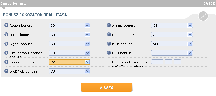 10.2.1.3.2. Casco Bónusz A Biztosító Társaságok az ügyfél kármentességét casco biztosítás esetén is honorálja. Ezt az adatot a nyomógomb alkalmazásával megjelenő oldalon van lehetőség megadni.
