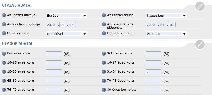 10.4.7. Összefoglaló Az ajánlati összefoglaló ugyanazt a funkciót képviseli, - kivéve igazolás nyomtatása - mint a korábbi termékek esetében Részletesen lásd. 10.1.3.5. pont 10.5. UTAS 10.5.1. Utas biztosítási paraméterek Utasbiztosítás tarifálásához a paraméterek oldalon az utazás és az utasok adatainak rögzítése szükséges.
