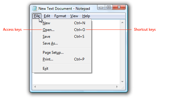 Access Keys/Hot keys Sometimes, there are underlined or highlighted letters in menu options, commands or dialog boxes.