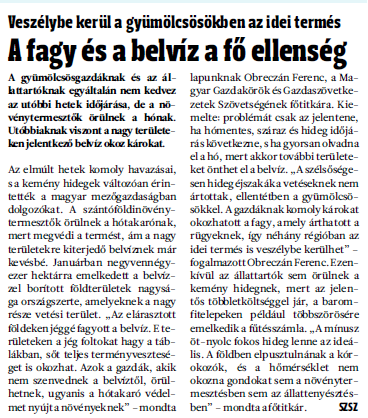 Természeti és genetikai erőforrások: Magyar Hírlap A fagy és a belvíz a fő ellenség 2010. február 9., kedd 9.