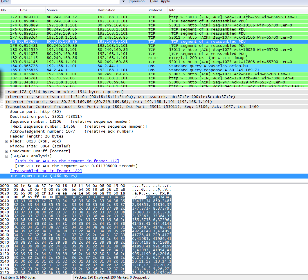 A SZÁLLÍTÁSI RÉTEG PROTOKOLLJAI 5.6. ÁBRA EGY TCP CSOMAG Itt viszont megfeküdt a Wireshark parszer.