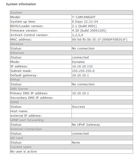 6.6 System menü A Settings menün belül, a jobb felső részen a System -re kattintva az Y-cam-hez tartozó rendszerinformációkat láthatjuk.