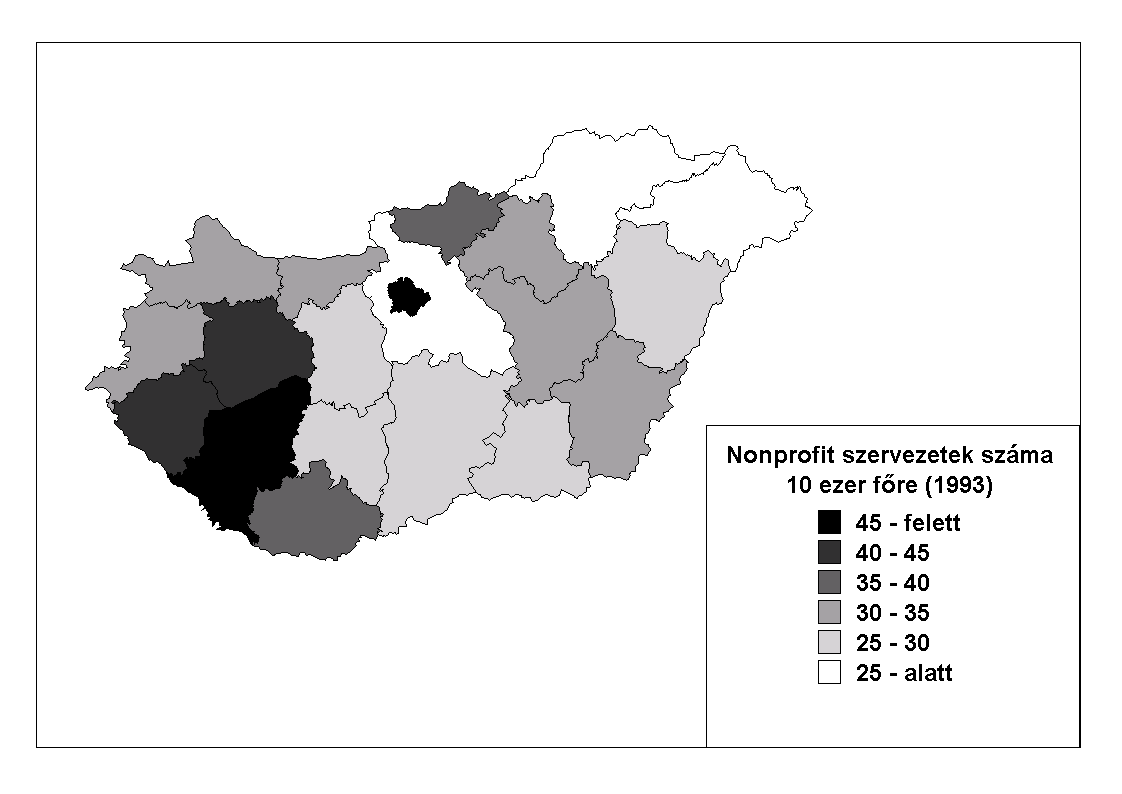 A megyék nonprofit szervezetekkel való ellátottsága, 1993 3.10. ábra Ahogy az időbeli korreláció szorossága is előrevetítette (3.8.