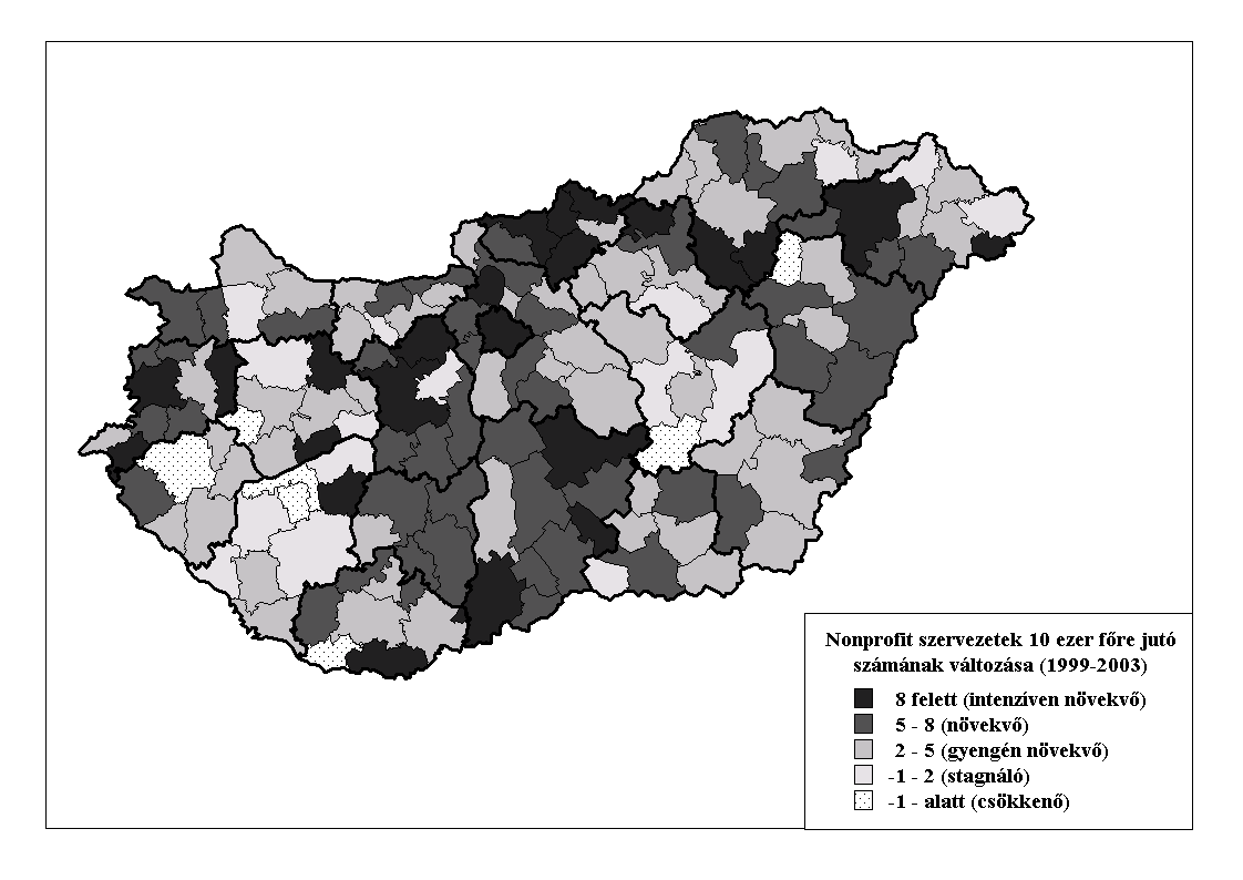 3.11. ábra A nonprofit szervezetekkel való ellátottság változása a kistérségekben (2003-as és 1999-es év 10 ezer főre jutó értékeinek különbsége alapján) 50.