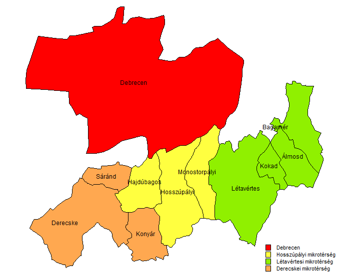 86. ábra: A Derecske-Létavértesi kistérség mikrotérségei (Saját szerkesztés) A 2004 júniusában alakult a Derecske-Létavértesi Kistérség Többcélú Kistérségi Társulása létrejöttekor Sáránd község