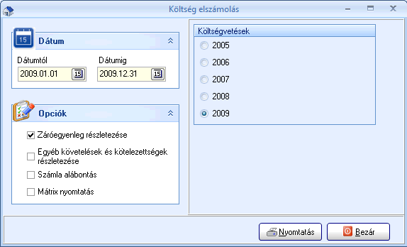 Költség elszámolás 65. ábra A már létrehozott költségvetés tervadatait tudjuk ebben a menüpontban összehasonlítani a tényleges adatokkal.