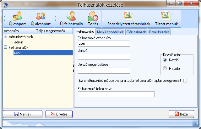Adminisztrációs teendők Felhasználók kezelése a rendszerben Felhasználók felvitele, eltávolítása A Főmenü Felhasználók kezelése menüpontot választva jutunk a Felhasználók karbantartásához.