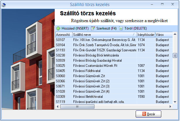 Szállítók törzse 20. ábra A szállító törzs szintén olyan törzs adatbázis, mely minden társasházra vonatkozik. A szállító számlák iktatásakor, illetve azok könyvelésekor használjuk a szállítókat.