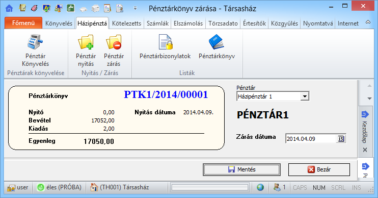 Pénztár zárása Az adott pénztárat a Házipénztár fül Nyitás/Zárás csoport Pénztár zárás menüpontból zárhatjuk le. 44.