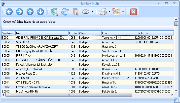 Törzsadat listák 58. ábra A rögzített törzsadatok szinte azonos elven listázhatók, exportálhatók a rendszerből. Szemléltetésül a Szállítók listát fogjuk mintaként választani.