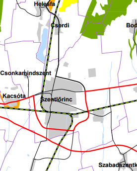 29 Városias települési térség az ábrán szürke folttal jelölve A megye szerkezeti tervén városias térségként jelenik meg Szentlőrinc belterülete, déli ipari, gazdasági területektől délre lévő