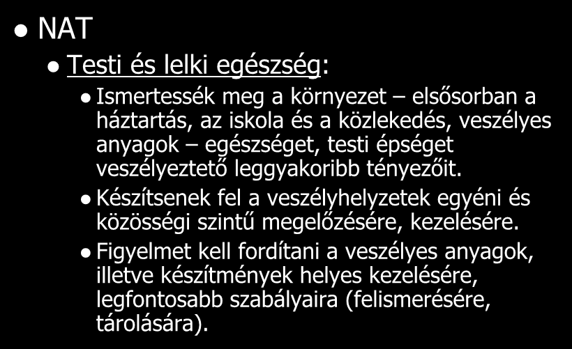 Katasztrófavédelmi, polgári védelmi felkészítés az iskolákban NAT Testi és lelki egészség: Ismertessék meg a környezet elsősorban a háztartás, az iskola és a közlekedés, veszélyes anyagok egészséget,