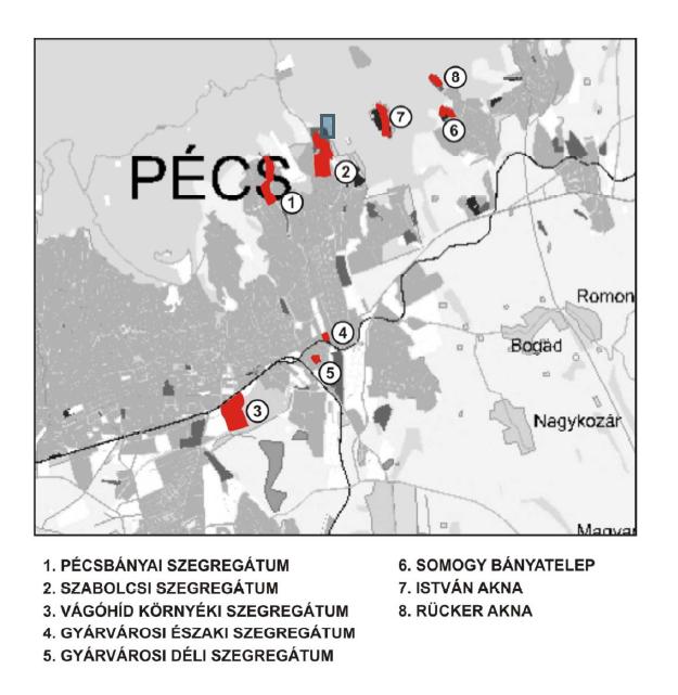 Pécsi szegregátumok Pécs Megyei Jogú Város Integrált Városfejlesztési Stratégiája szerinti szegregátumok elhelyezkedése Pécsett 1. Pécsbánya szegregátum 2.