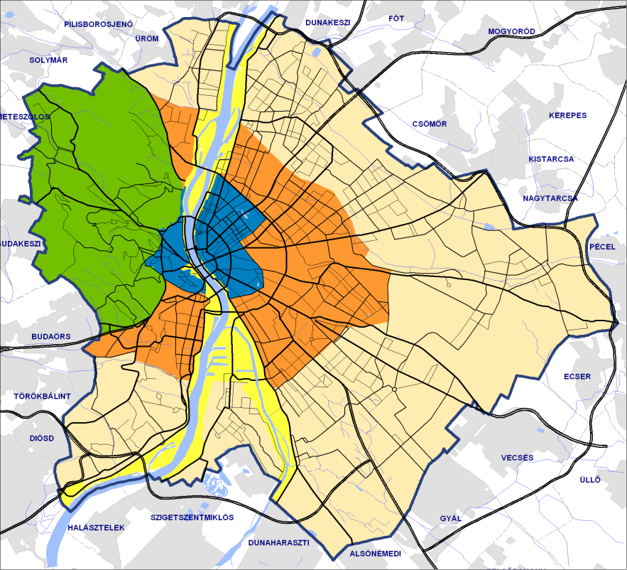 8. ábra: Fővárosi szerkezetileg eltérő adottságú zónák (Forrás: BTFK) A projektcsomag rövid tartalma Zöldfelületi rendszer fejlesztése Gazdasági és lakófunkciók elkülönülésének oldása (szomszédsági