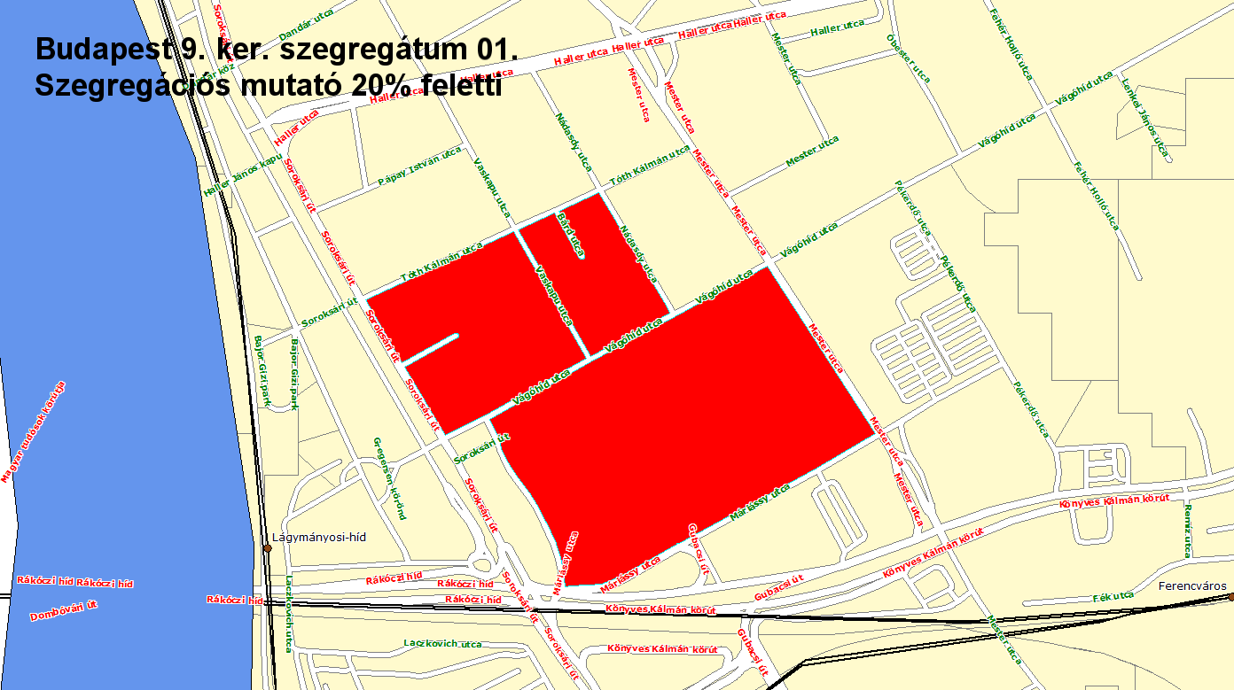 19. ábra: Vaskapu utcai szegregátum kartogramja Forrás: KSH A szegregált területen 2011-ben 349 ember lakott, akik körében másfélszeres a 0-14 éves korúak aránya (14,6%), mint a kerület egészében,